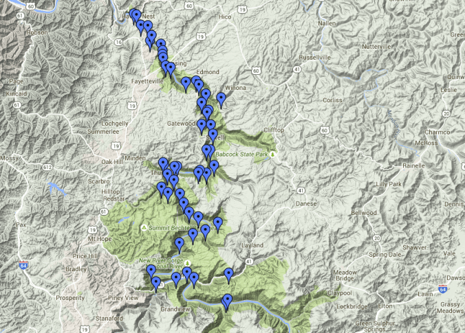 A Google maps view of all of the New River Gorge ghost towns.